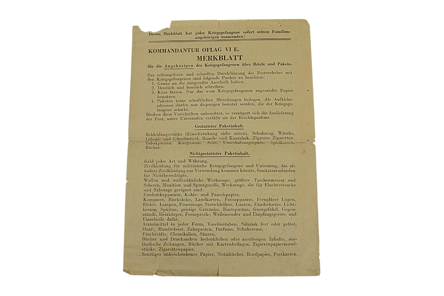 Komenda oflagu IV E Uwagi odnośnie listów i paczek do jeńców