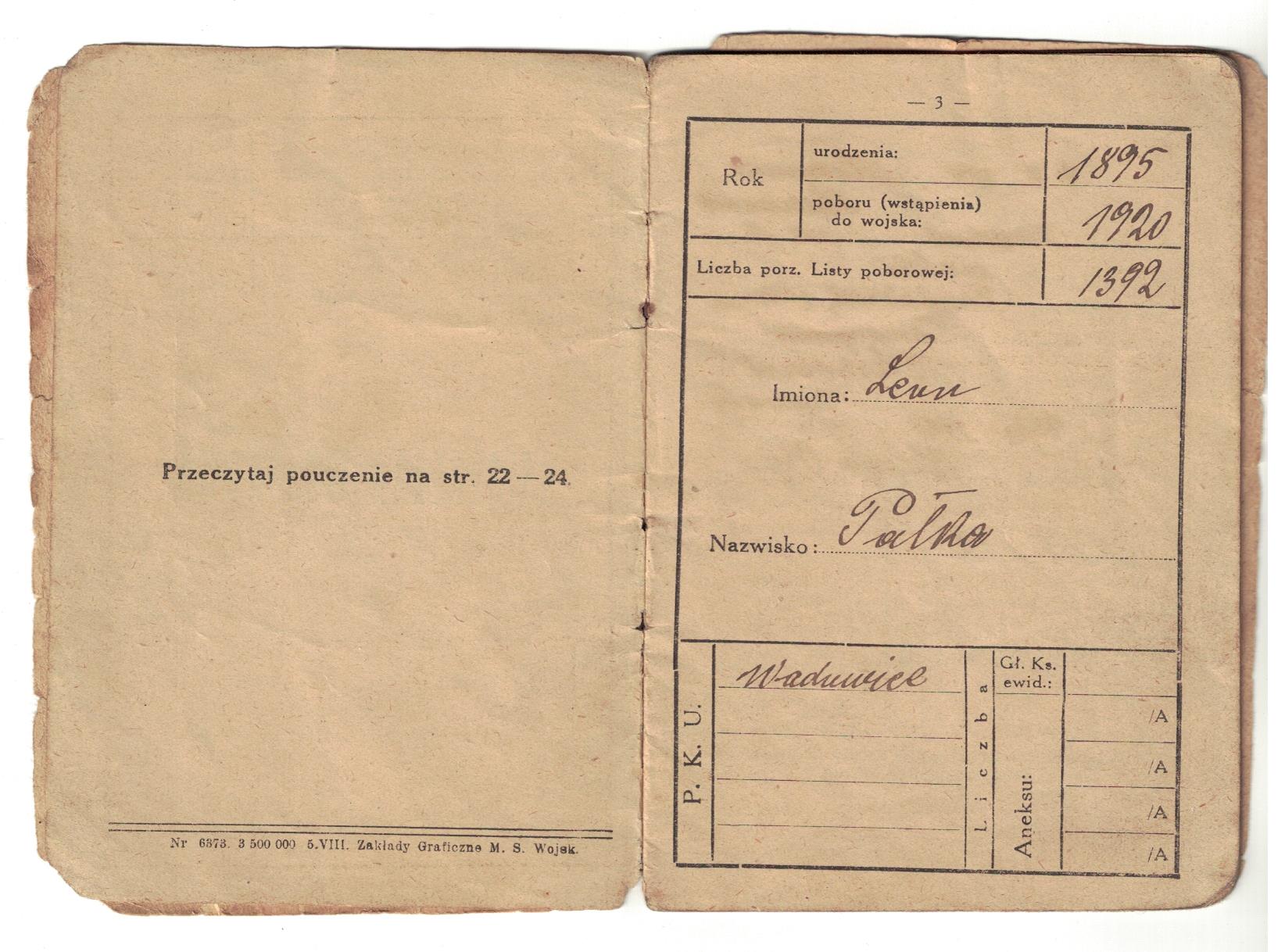 II RP Książeczka Wojskowa P.K.U. Wadowice