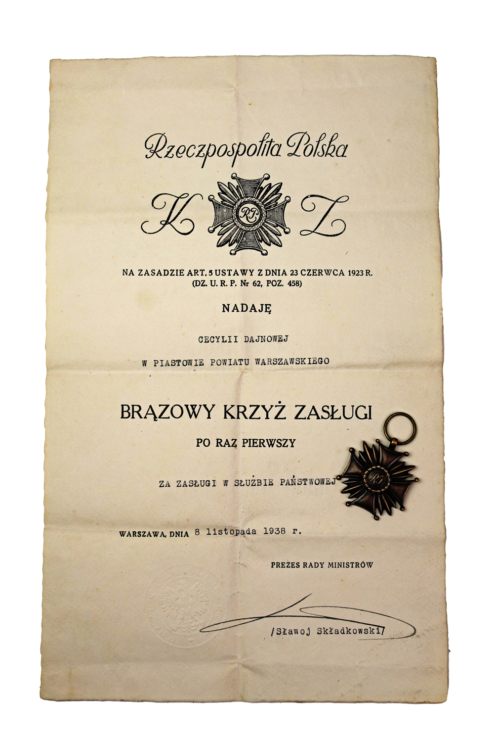 II RP Brązowy Krzyż zasługi wraz z dyplomem Warszawa 1938