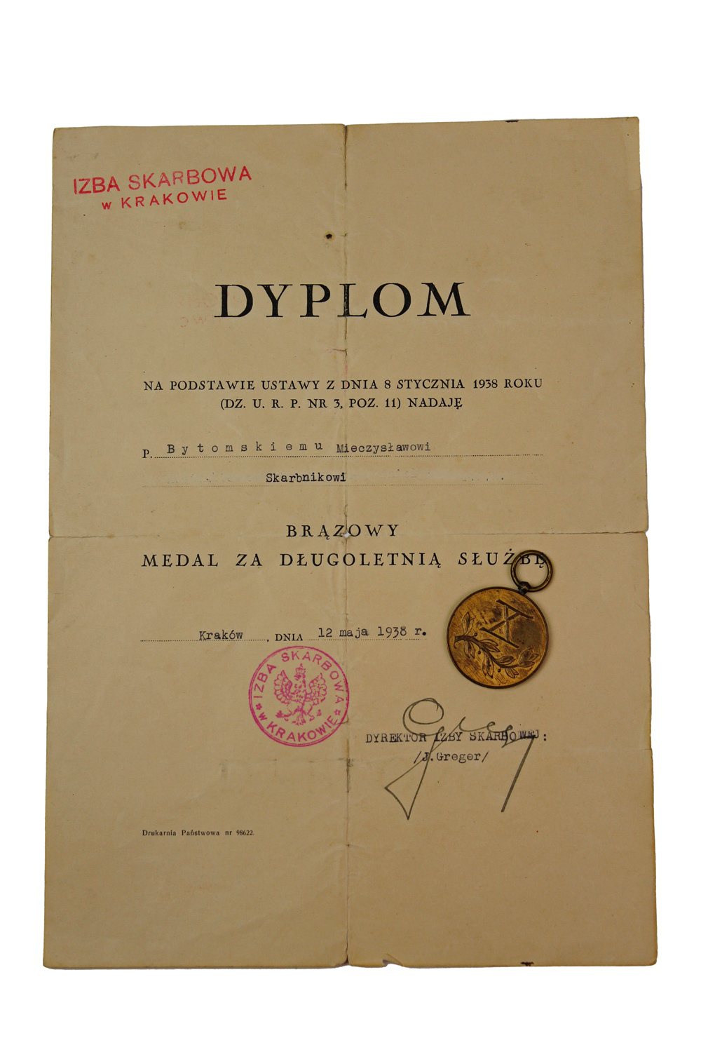 II RP Medal za długoletnią służbę wraz z dyplomem Kraków 1938
