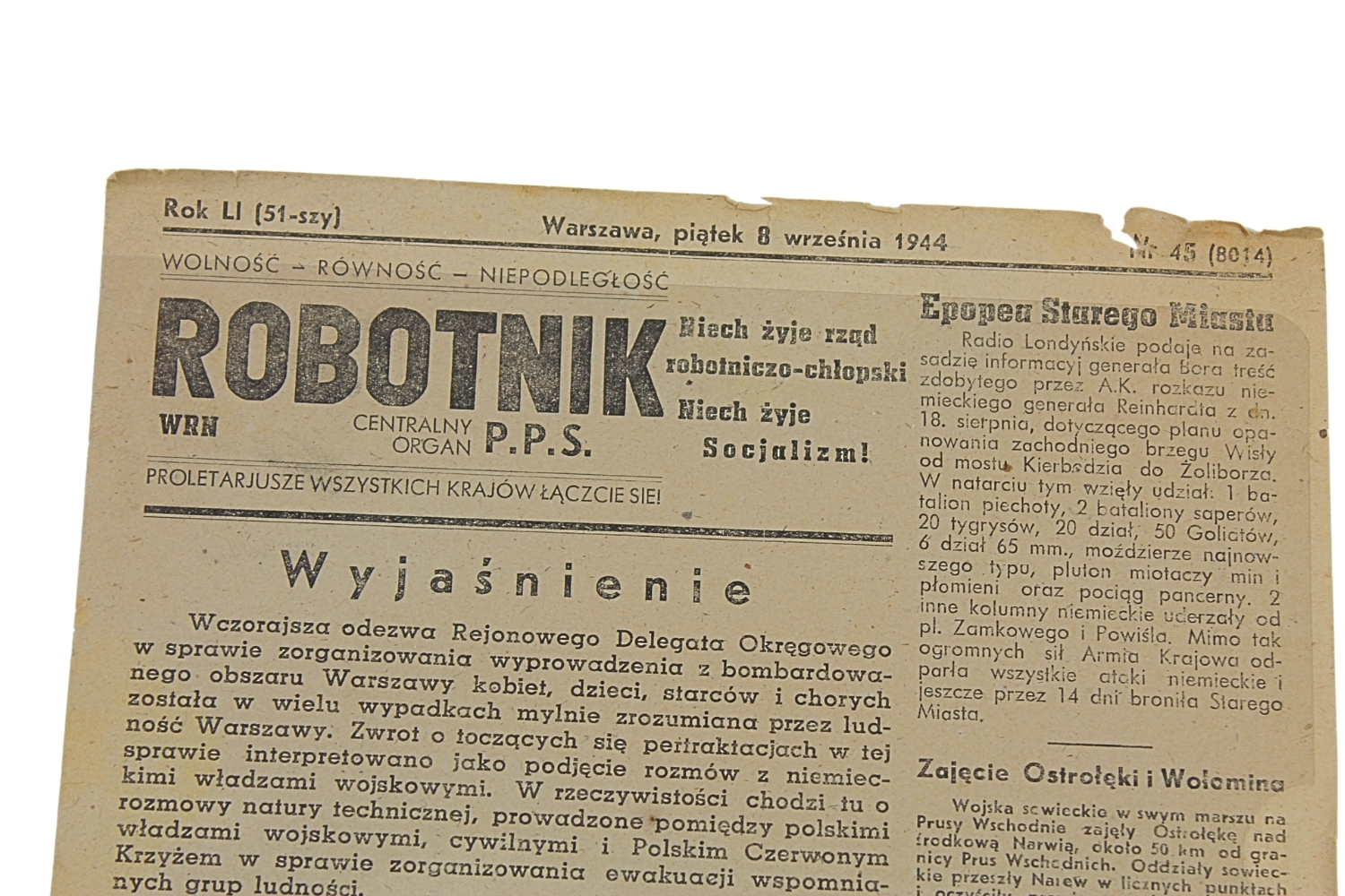Robotnik ROK LI  Centralny Organ P.P.S. Warszawa, 8 września 19444 Powstanie Warszawskie