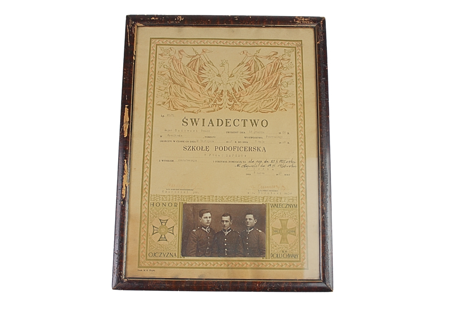 II RP ŚWIADECTWO UKOŃCZENIA SZKOŁY PODOFICERSKIEJ 8 PUŁK SAPERÓW