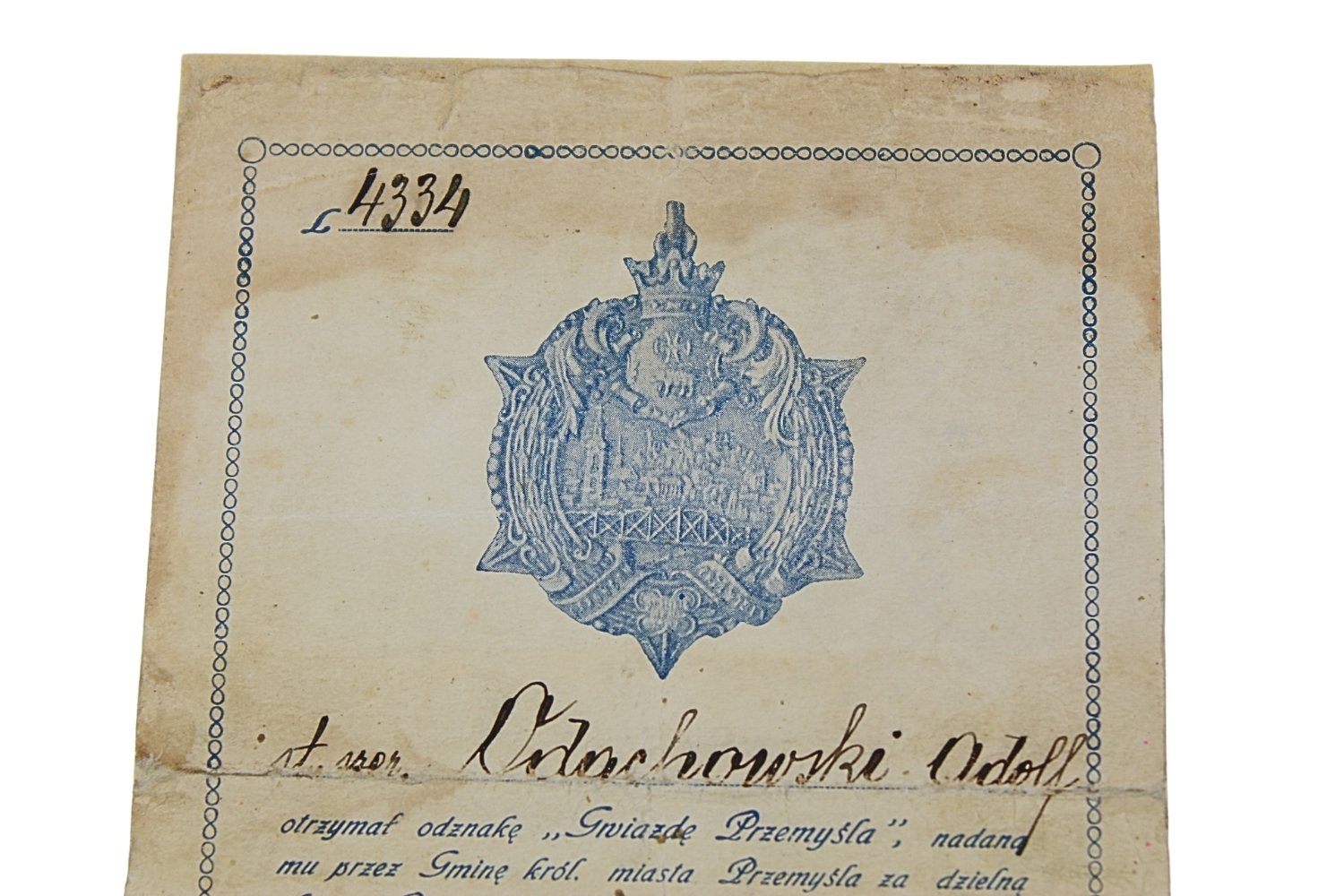 II RP Dyplom do odznaki „Gwiazda Przemyśla” 1920