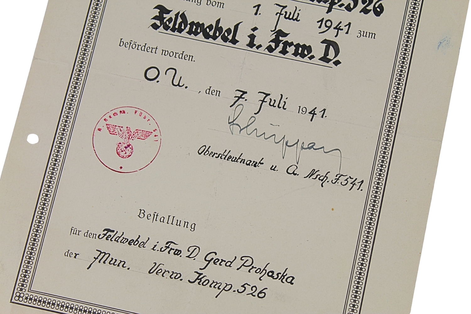 NIEMIECKI DYPLOM MIANOWANIA PODOFICERA 1941 ROK