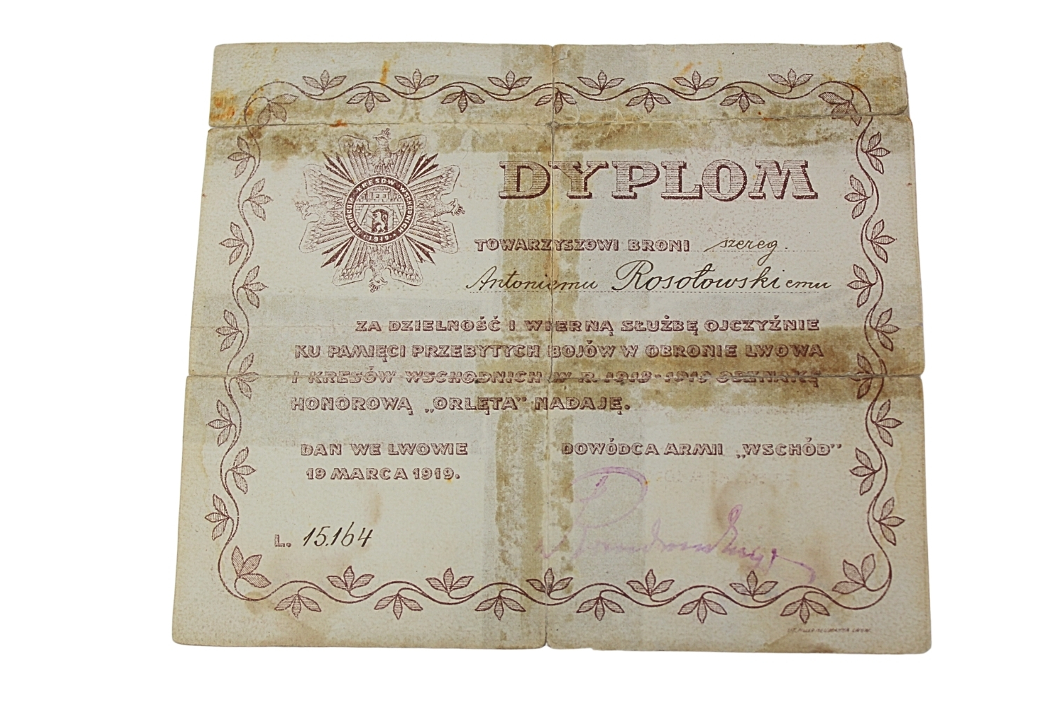 II RP Dyplom do odznaki „Orlęta” 1919