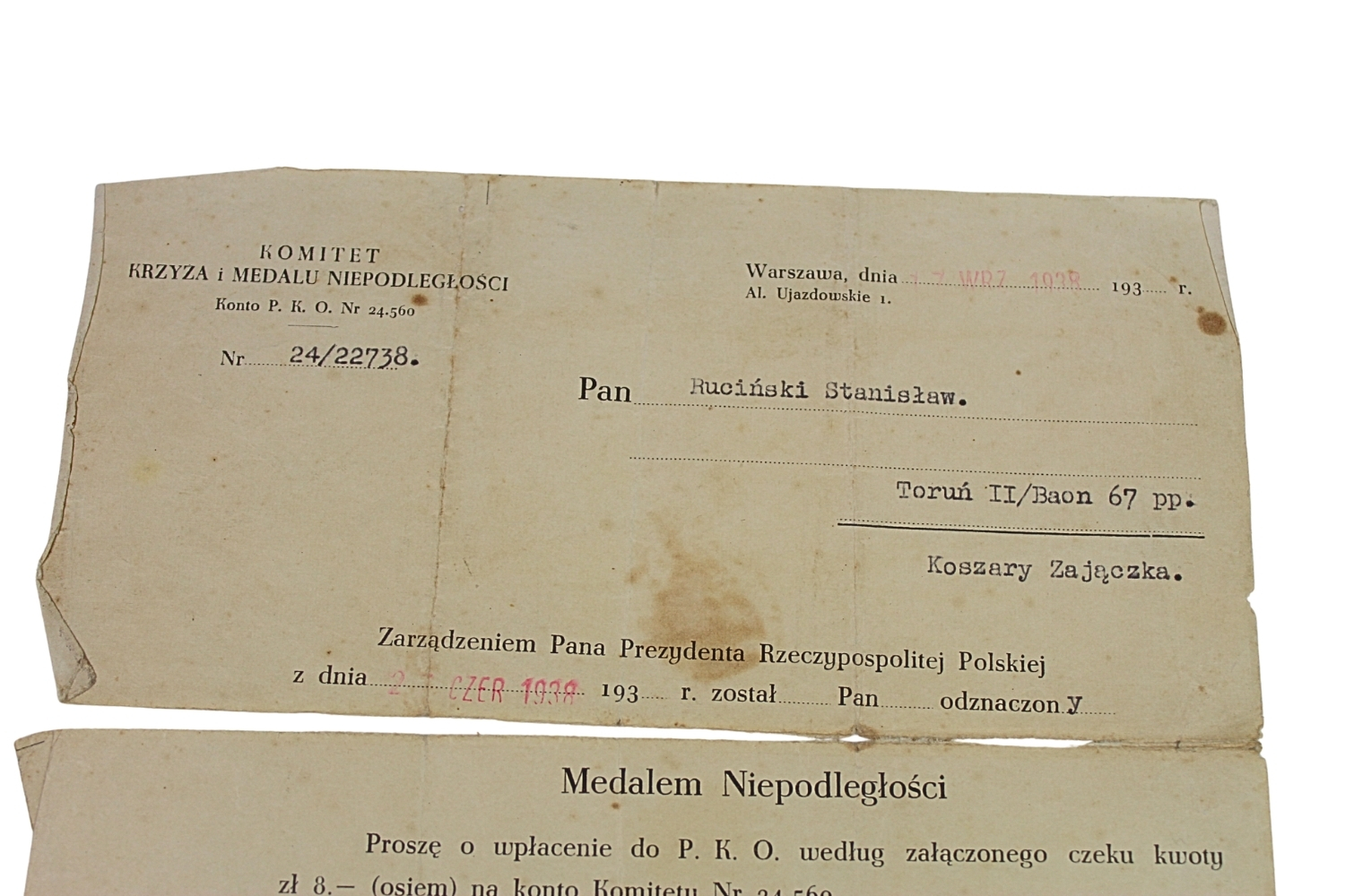 II RP Nadanie medalu niepodległości 67 Pułk Piechoty 1938