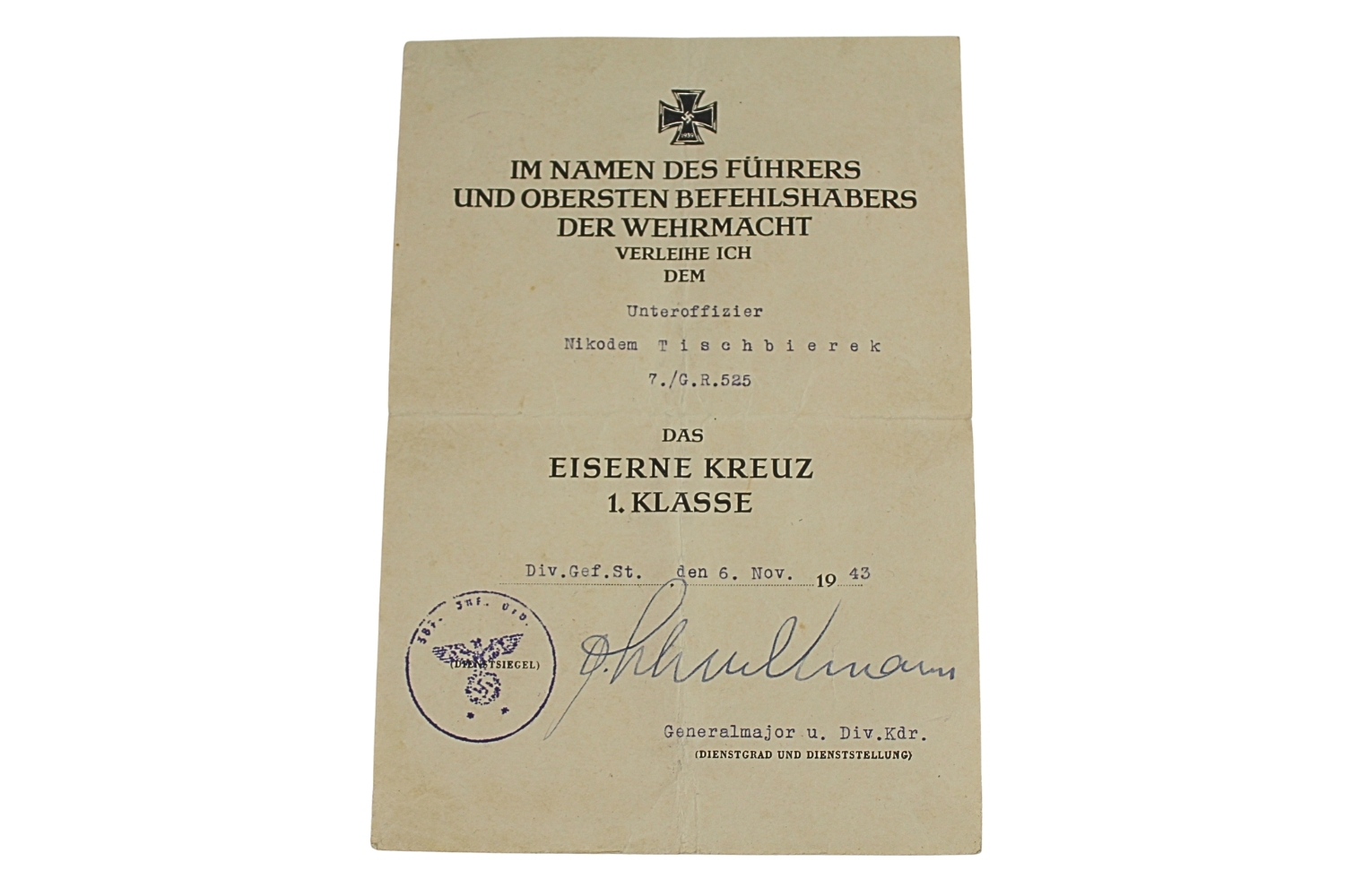 LEGITYMACJA KRZYŻA ŻELAZNKEGO I KLASY