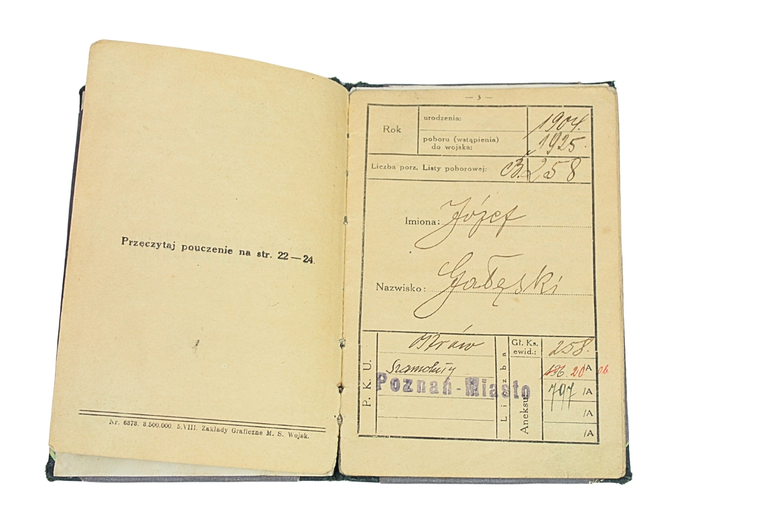II RP Książeczka Wojskowa ze zdjęciem PKU Poznań