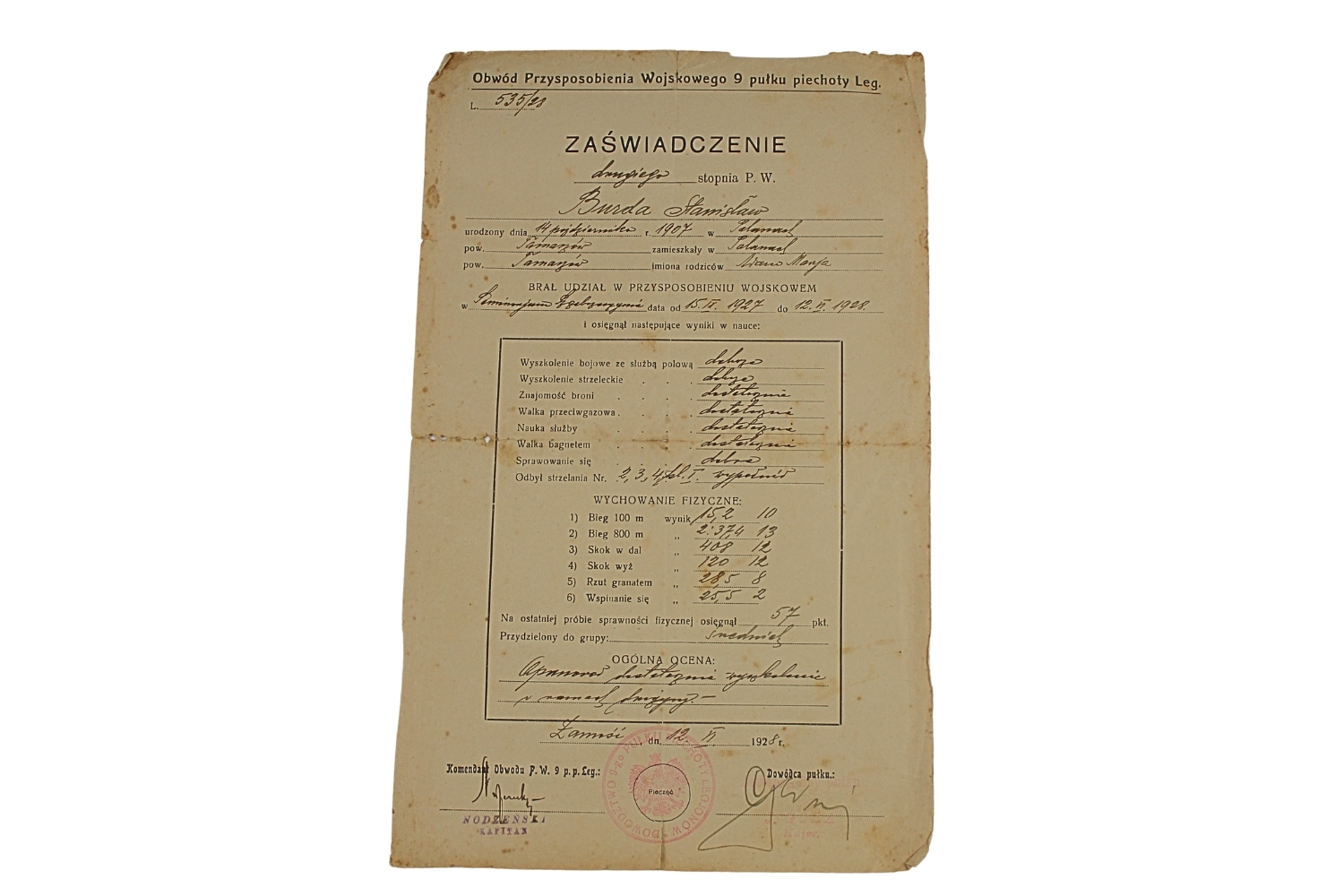 II RP ZAŚWIADCZENIE DRUGIEGO STOPNIA P.W. 9 PP LEG.