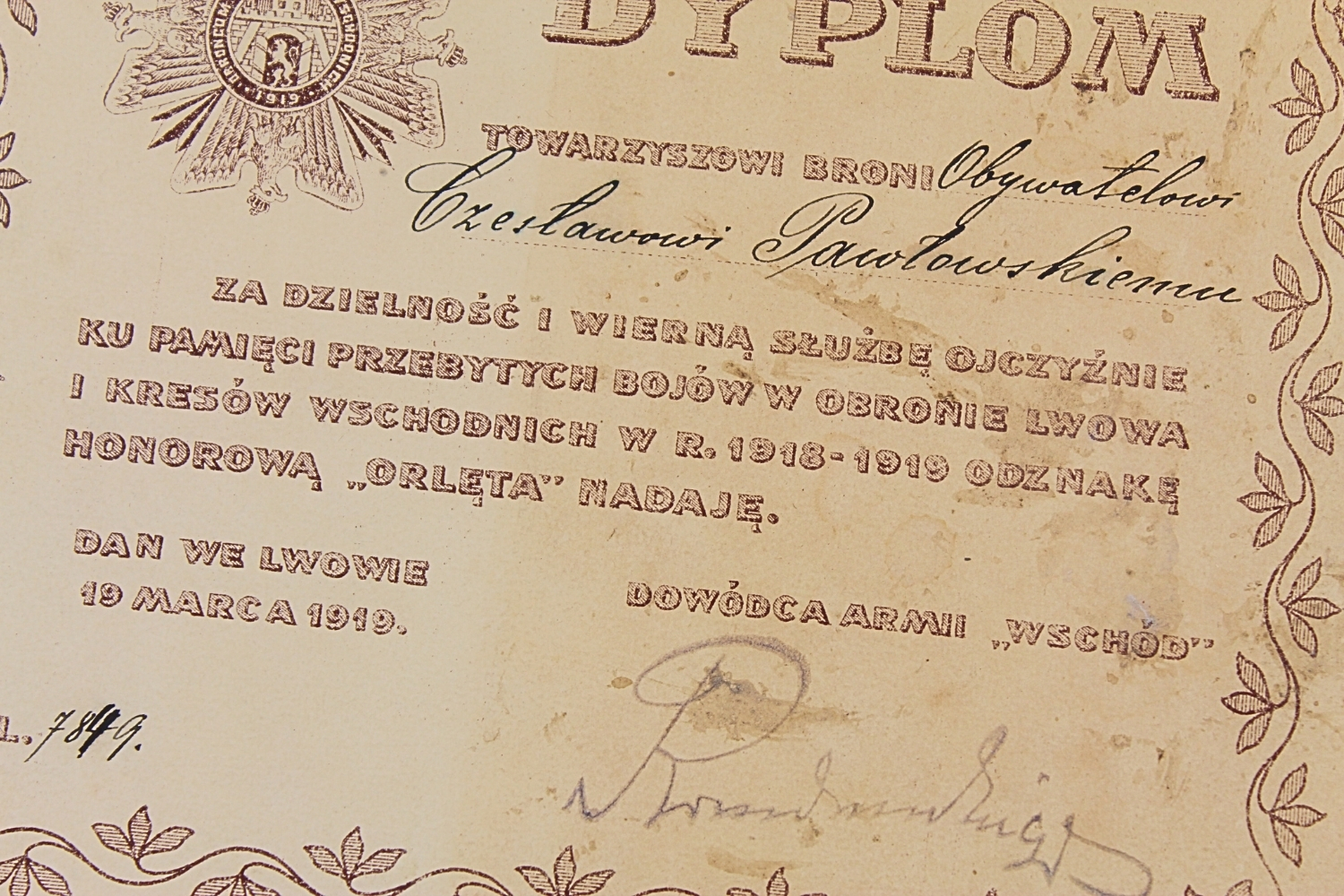 II RP Dyplom do odznaki "Orlęta" 1919