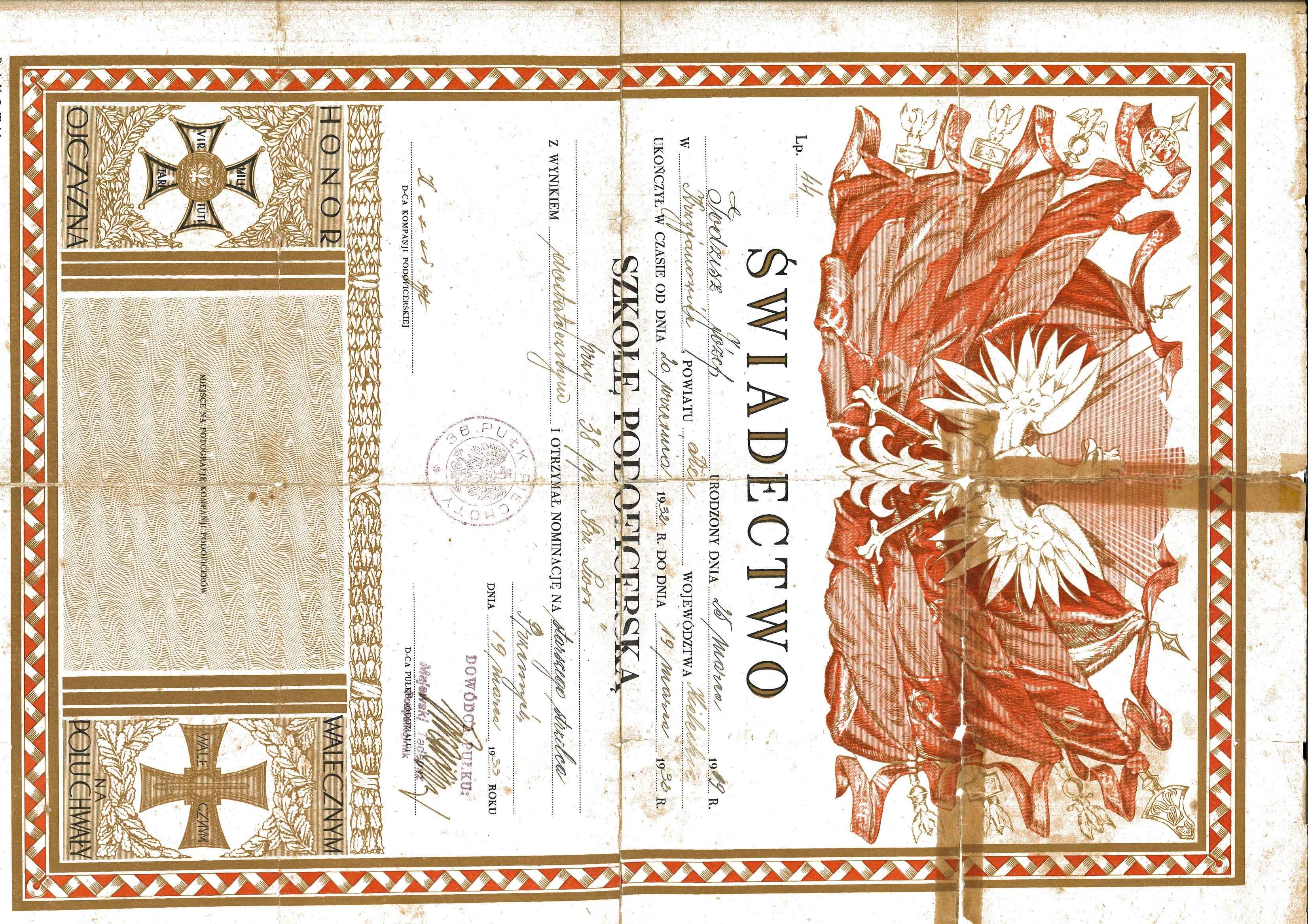 II RP Świadectwo ukończenia szkoły podoficerskiej 38 Pułk Piechoty Strzelców Lwowskich