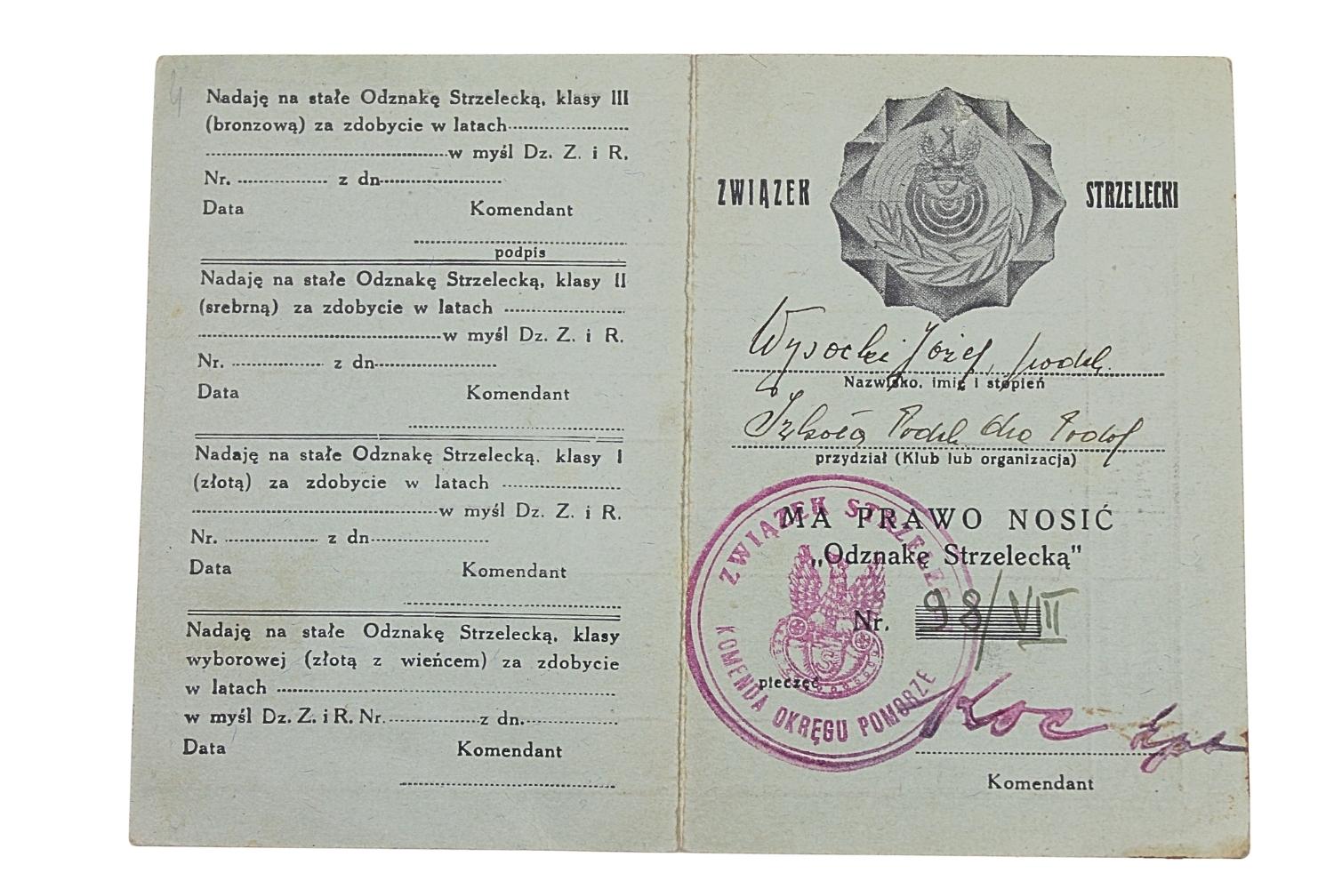 II RP Zestaw Legitymacji odznak Józef Wysocki 41PP, 59PP, POS, PZN, SP