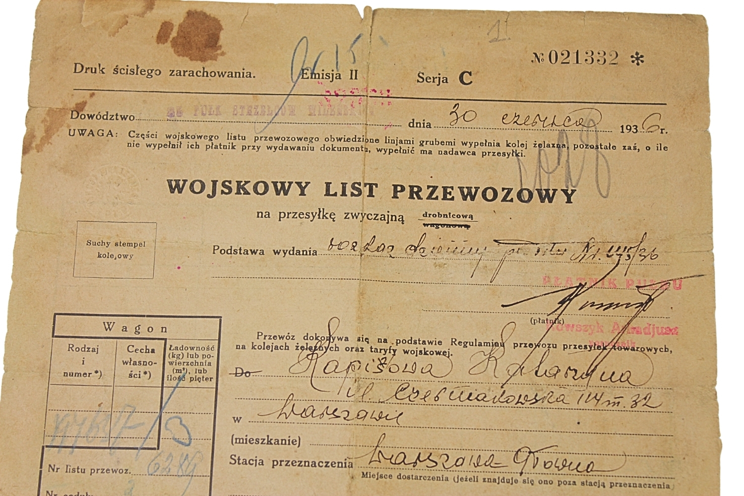 II RP WOJSKOWY LIST PRZEWOZOWY 85 PUŁK STRZELCÓW WILEŃSKICH