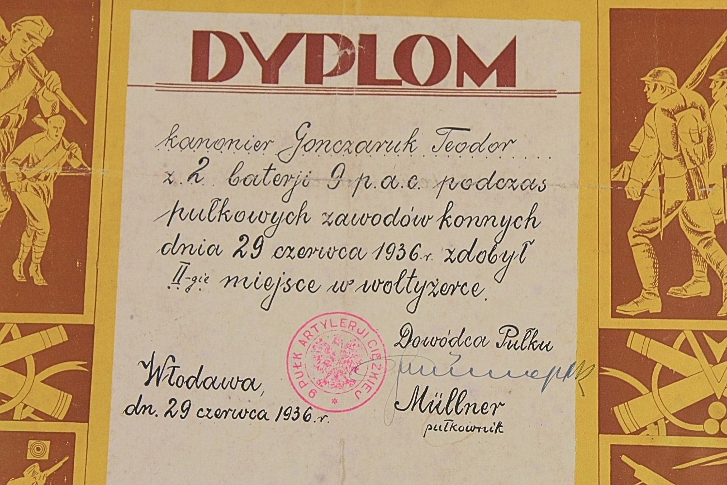 II RP DYPLOM Z ZAWODÓW 9 PUŁKU Artylerii Ciężkiej