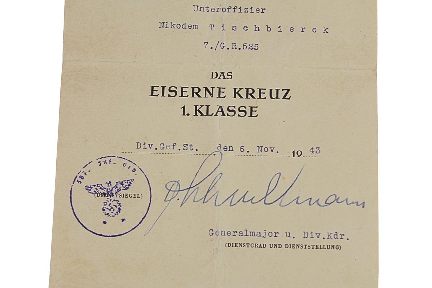 LEGITYMACJA KRZYŻA ŻELAZNKEGO I KLASY