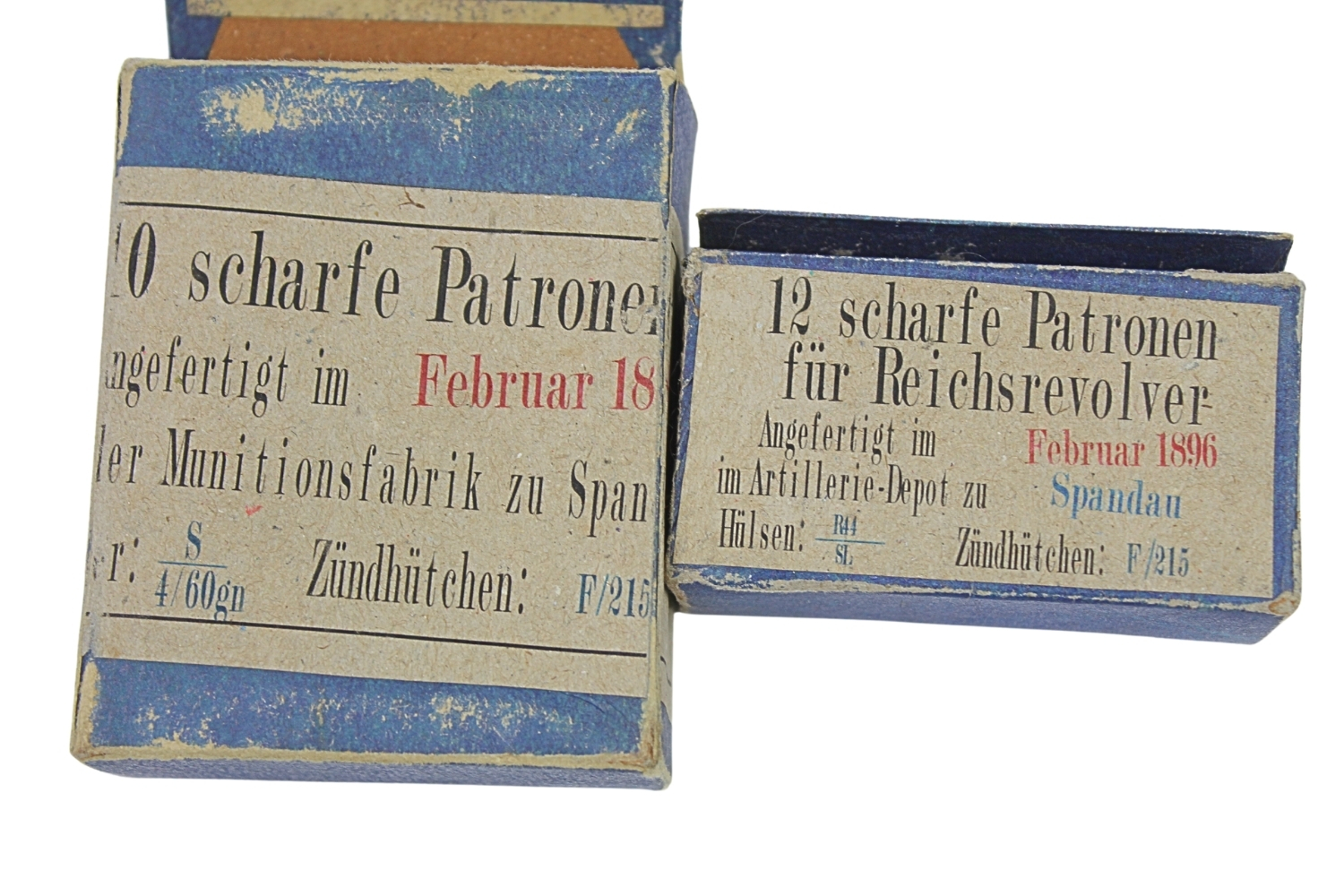 Dwa niemieckie opakowania po amunicji 1896 Reichsrevolver, Mauser - Spandau