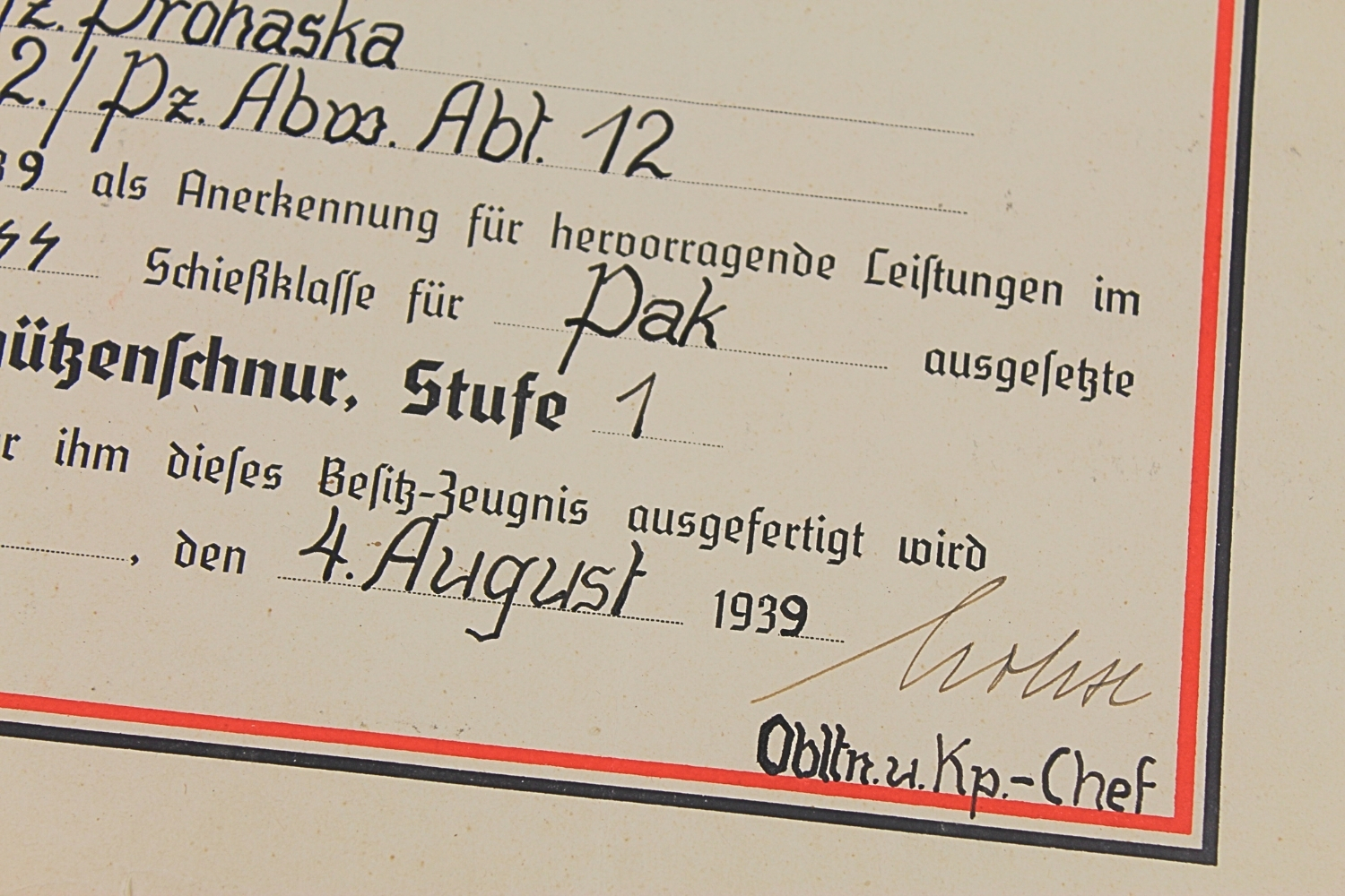 NIEMIECKIE ŚWIADECTWO ZA STRZELANIE Z ARMATY PRZECIWPANCERNEJ PAK 