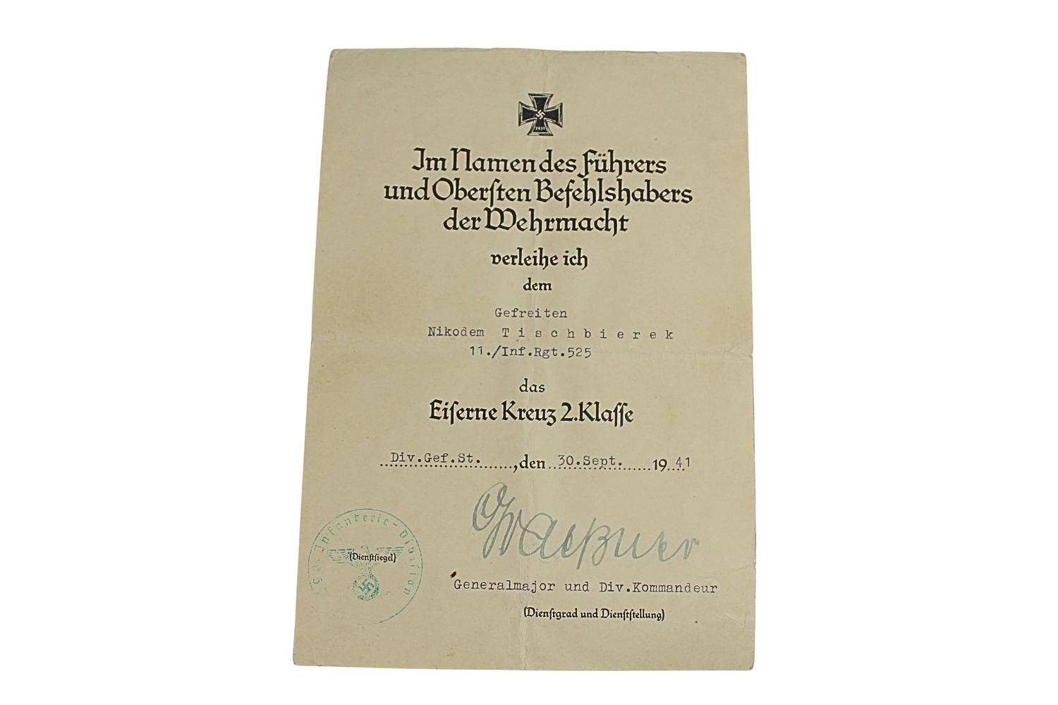 LEGITYMACJA KRZYŻA ŻELAZNEGO II KLASY