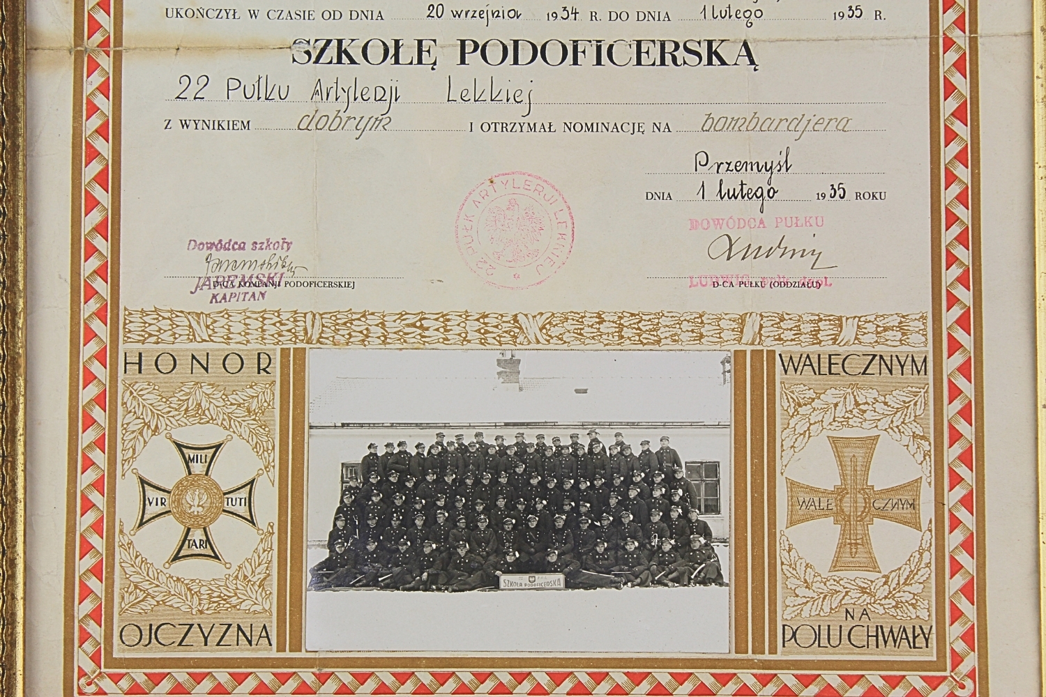 II RP Świadectwo ukończenia szkoły podoficerskiej 22 Pułk Art. Polowej