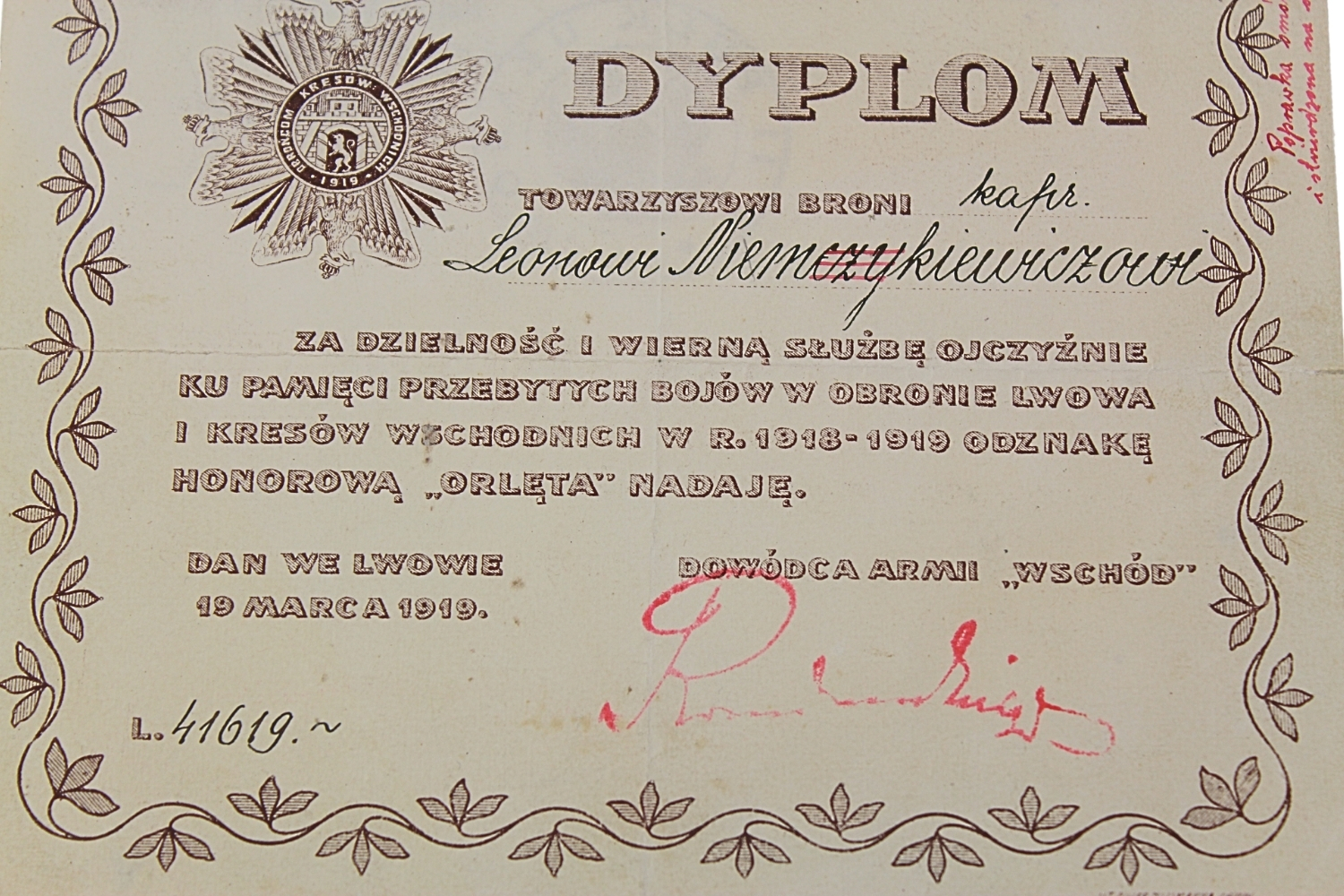 II RP Dyplom do odznaki „Orlęta” 1919 11 Pułk Ułanów