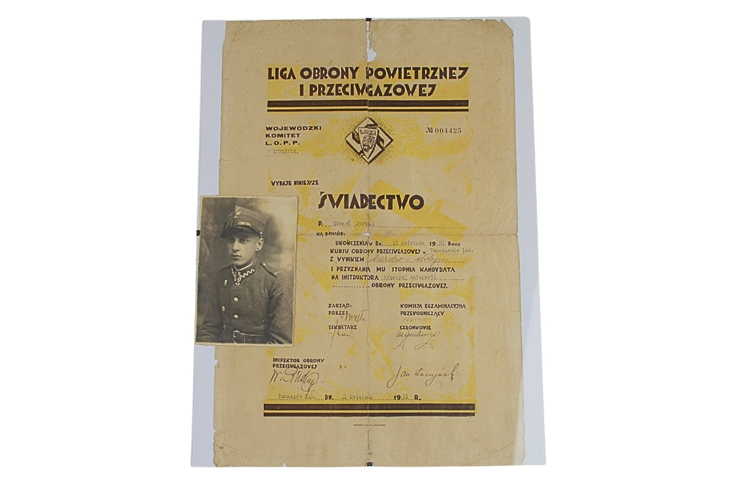 II RP ŚWIADECTWO L.O.P.P. TOMASZÓW LUBELSKI