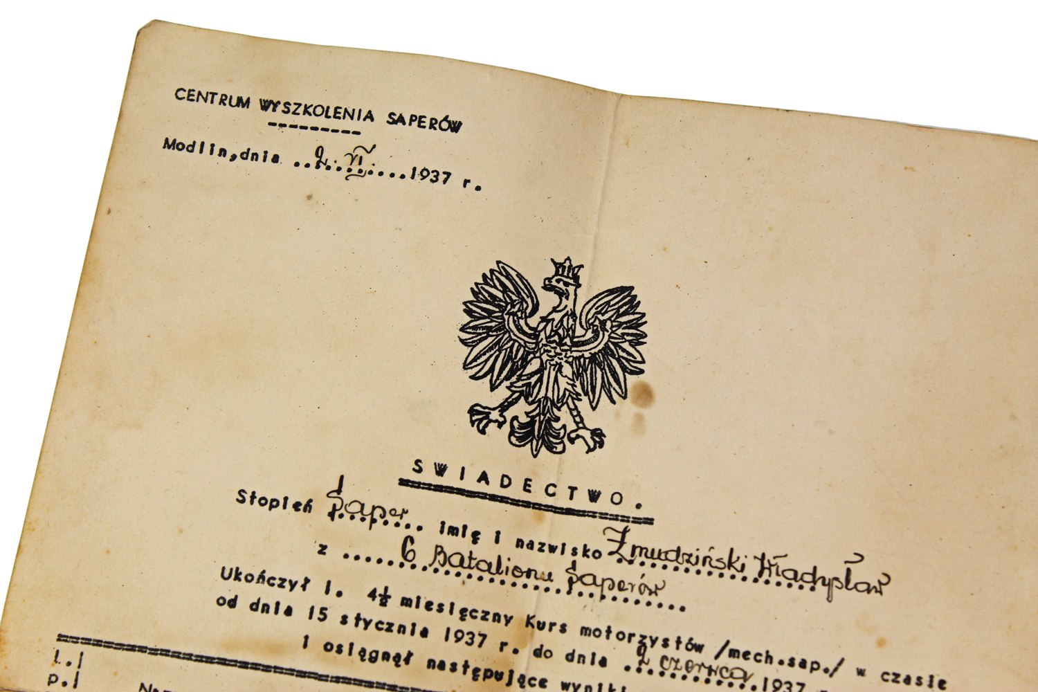 II RP Świadectwo Centrum Wyszkolenia Saperów 1937