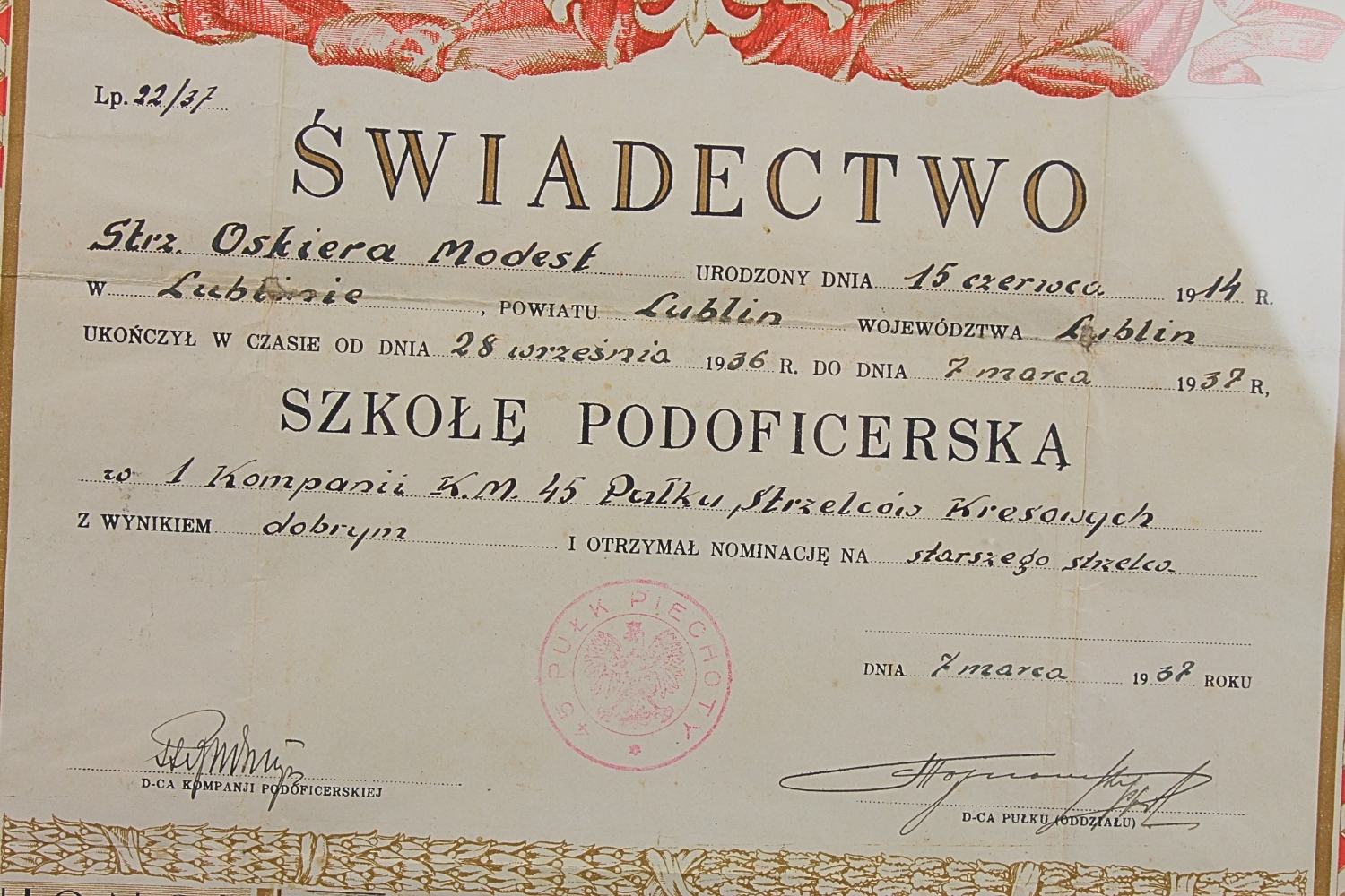 II RP Świadectwo Ukończenia Szkoły Podoficerskiej 1 kompania KM 45 PSK 1937