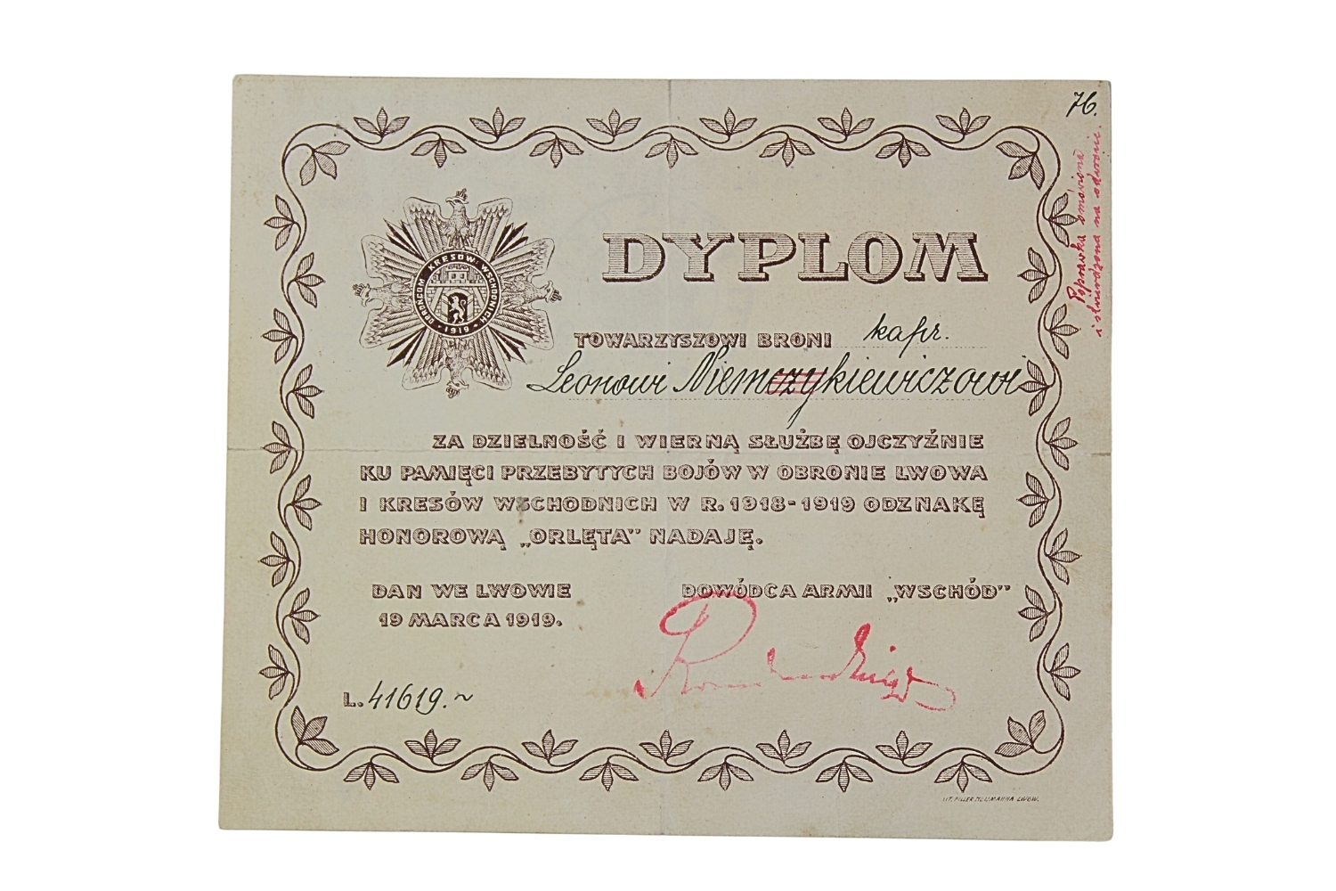 II RP Dyplom do odznaki „Orlęta” 1919 11 Pułk Ułanów