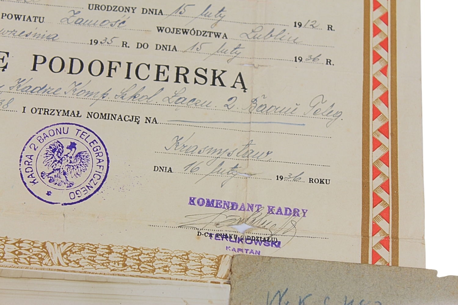 II RP ŚWIADECTWO UKOŃCZENIA SZKOŁY PODOFICERSKIEJ 2 BAON TELEGRAFICZNY