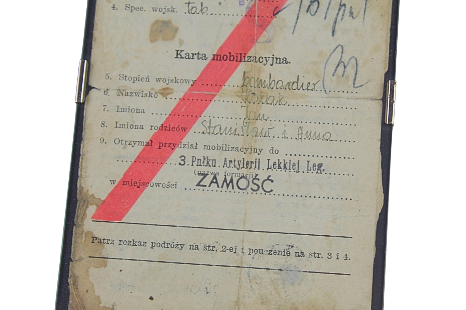 II RP KARTA MOBILIZACYJNA ZAMOŚĆ 3 PAL LEG.