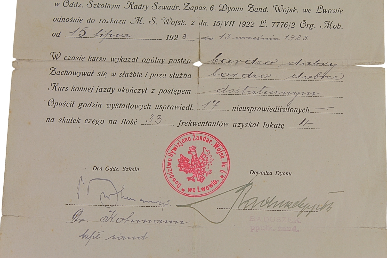 II RP ŚWIADECTWO 6 DYON ŻANDARMERII LWÓW