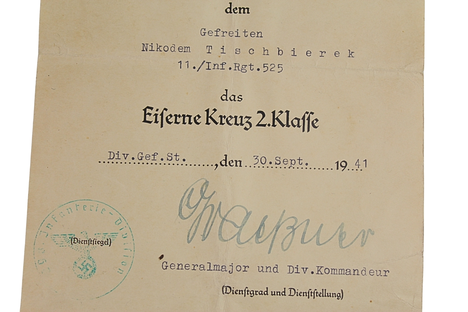 LEGITYMACJA KRZYŻA ŻELAZNEGO II KLASY