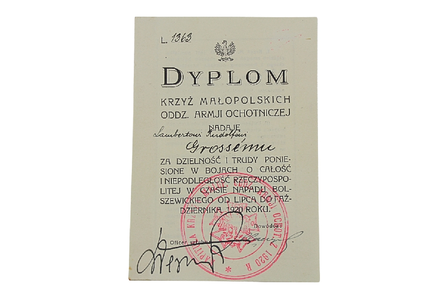 II RP Dyplom do Krzyża Małopolskich oddziałów Armii Ochotniczej 1920