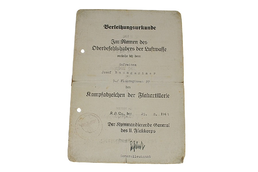 LEGITYMACJA ODZNAKI BOJOWEJ ARTYLERII PRZECIWLOTNICZEJ