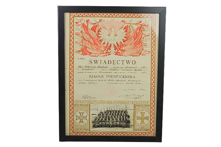 II RP Świadectwo Ukończenia Szkoły Podoficerskiej 1 kompania KM 45 PSK 1937