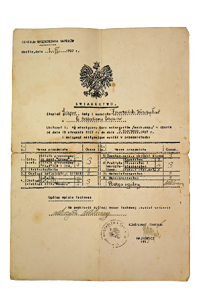 II RP Świadectwo Centrum Wyszkolenia Saperów 1937