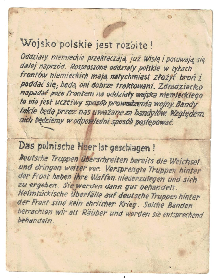 Ulotka Propagandowa Wrzesień 1939 „Wojsko Polskie jest rozbite”