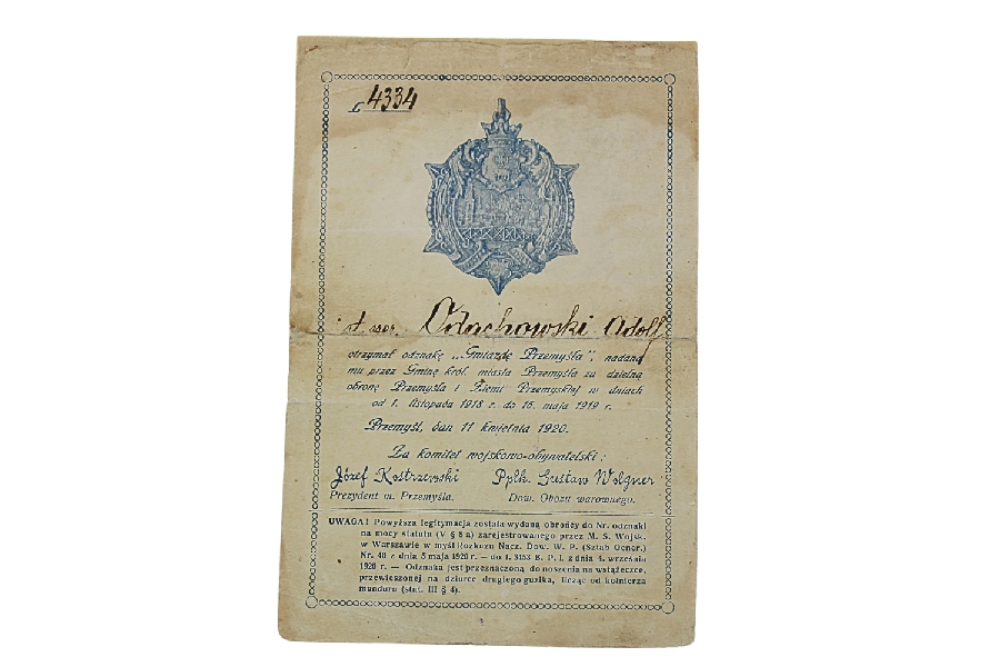 II RP Dyplom do odznaki „Gwiazda Przemyśla” 1920