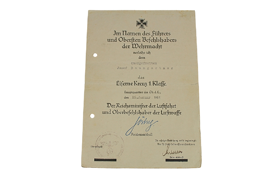 LEGITYMACJA KRZYŻA ŻELAZNKEGO I KLASY Goering