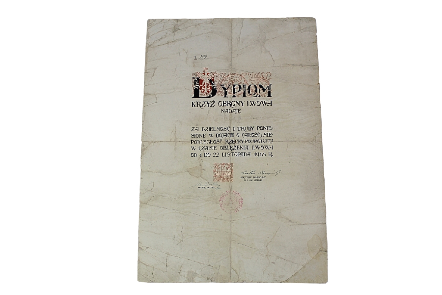 II RP Dyplom Krzyż Obrony Lwowa 1918