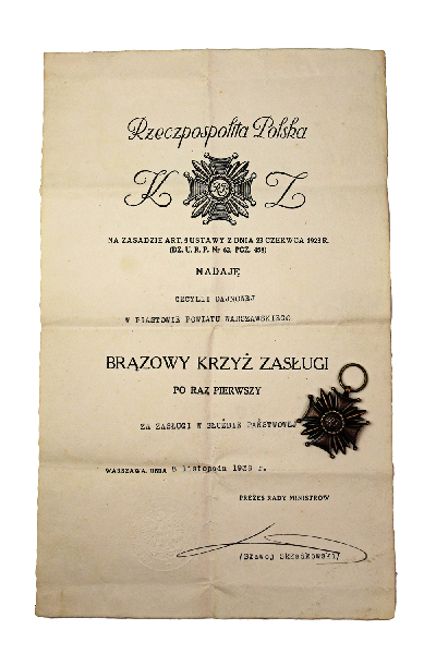 II RP Brązowy Krzyż zasługi wraz z dyplomem Warszawa 1938