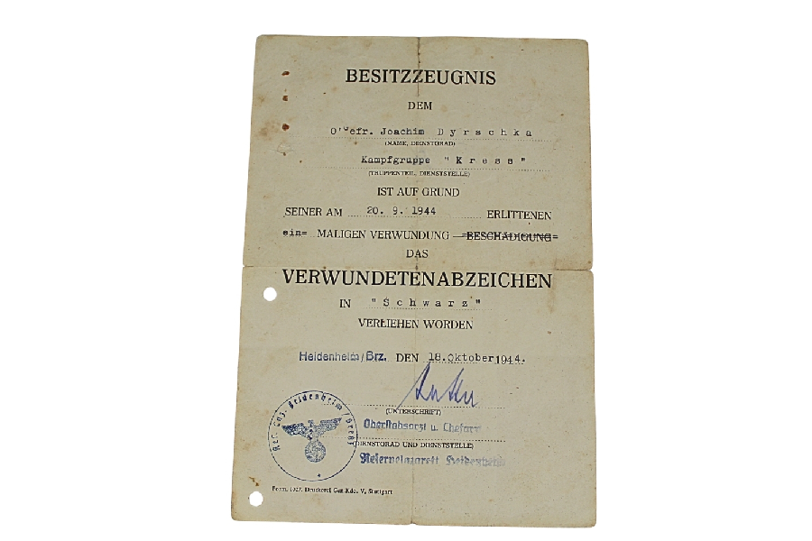 LEGITYMACJA ODZNAKI „ZA RANY” KAMPFGRUPPE „KRESS”