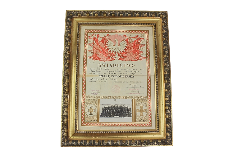 II RP Świadectwo ukończenia szkoły podoficerskiej 22 Pułk Art. Polowej