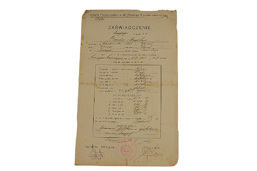 II RP ZAŚWIADCZENIE DRUGIEGO STOPNIA P.W. 9 PP LEG.