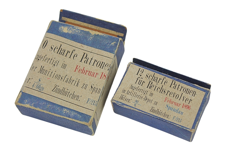 Dwa niemieckie opakowania po amunicji 1896 Reichsrevolver, Mauser - Spandau