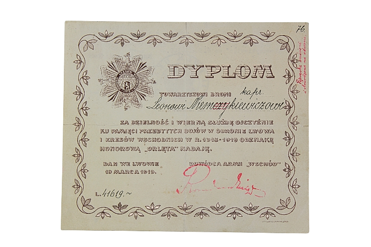 II RP Dyplom do odznaki „Orlęta” 1919 11 Pułk Ułanów